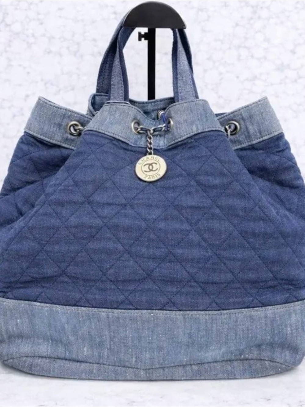RARE Chanel Blue Quilted Denim Drawstring Tote- COA included